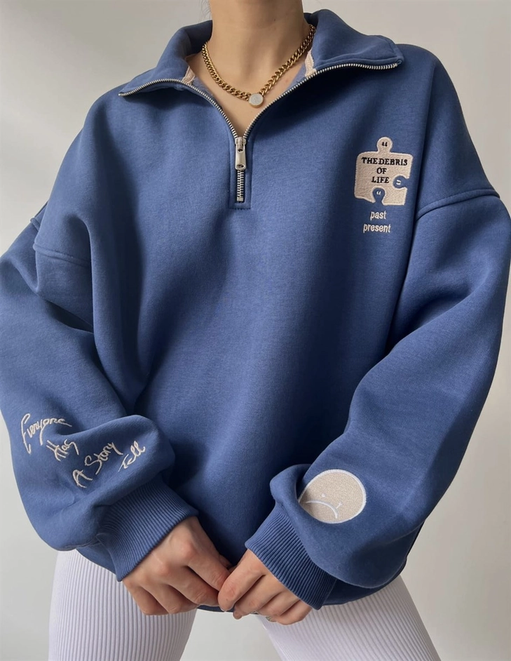 Debris Blue Oversize Zippered Sweatshirt Debris Blue Oversize Zippered Sweatshirt