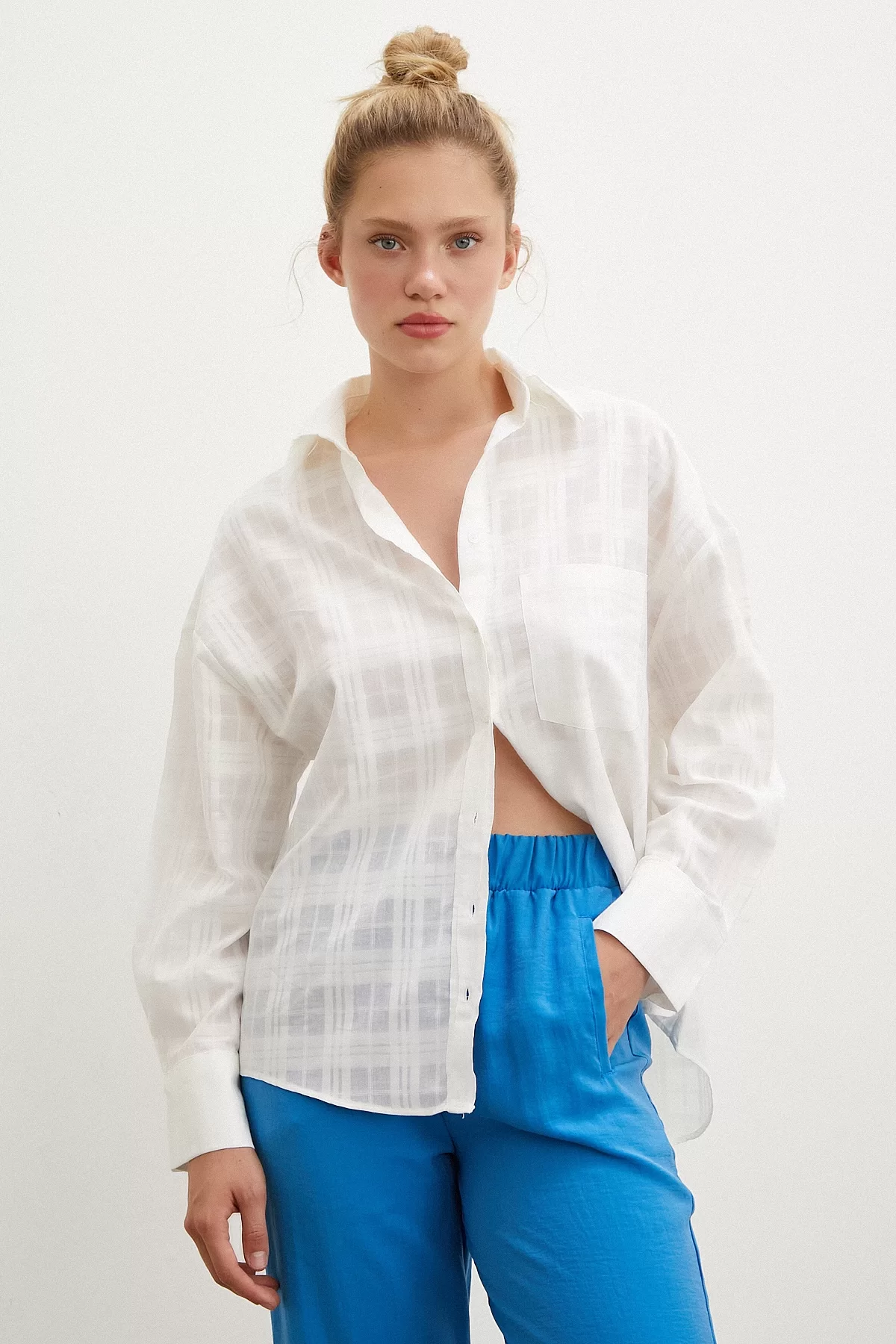 شومیز پوپلین چهارخانه سفید ترک شومیز پوپلین چهارخانه سفید ترک