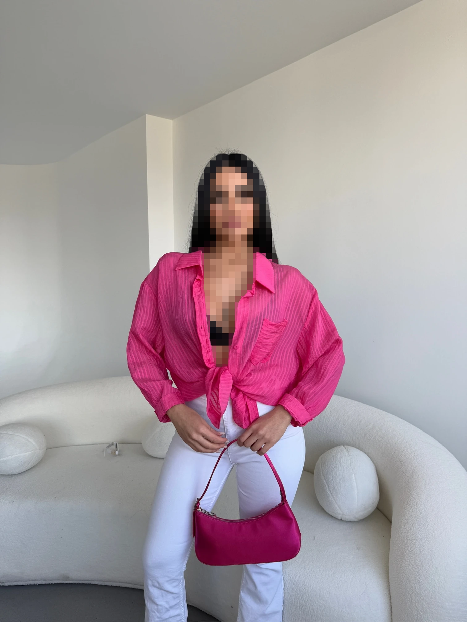 شومیز راه راه صورتی با جیب ترک شومیز راه راه صورتی با جیب ترک