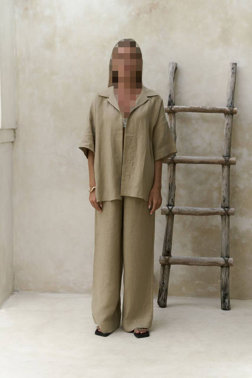 ست پیراهن و شلوار لینن خاکی بارون ست پیراهن و شلوار لینن خاکی بارون