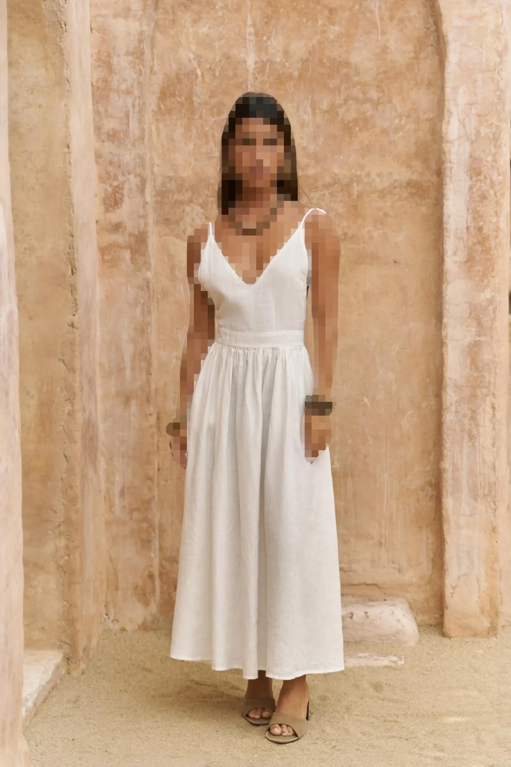 پیراهن بلند لینن سفید با بند پیراهن بلند لینن سفید با بند