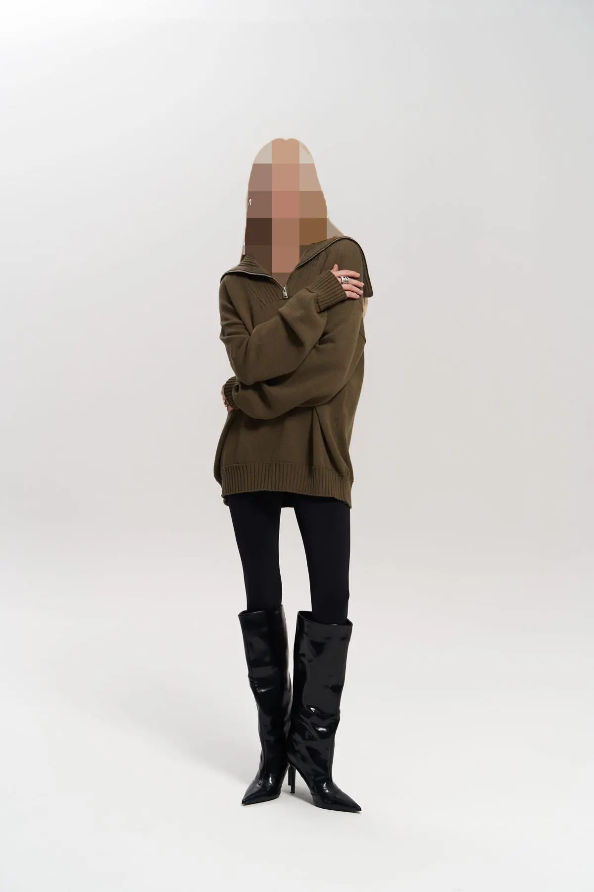 lorna-fermuarli-haki-triko-kazak-efc843 بافت زیپدار خاکی لورنا